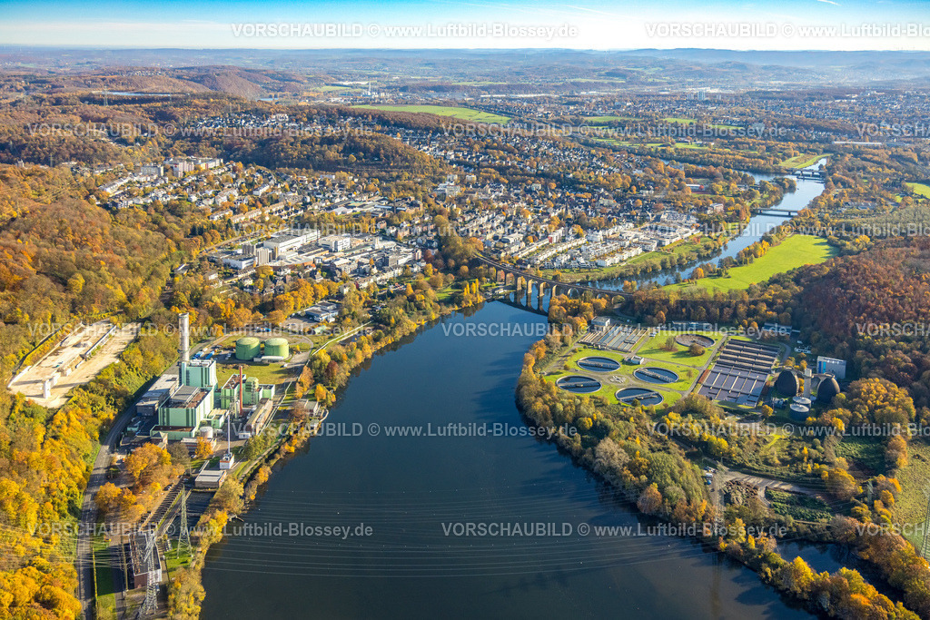 Herdecke251104480 | Luftbild, Harkortsee und Fluss Ruhr Ruhrviadukt Herdecke, Blick und Ortsansicht Herdecke, links Mark-E GuD-Kraftwerk Herdecke Cuno Kraftwerk, rechts Ruhrverband, Kläranlage Hagen, herbstliche Bäume, Herdecke, Ruhrgebiet, Nordrhein-Westfalen, Deutschland