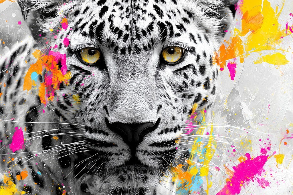 2506010 - Leopard im Farbrausch | Ein ausdrucksstarkes Leopardenporträt trifft auf kräftige Farbspritzer in Pink, Gelb und Orange. Die Kombination aus monochromer Wildkatze und lebendiger Farbdynamik macht dieses Wandbild zu einem echten Blickfang – modern, kraftvoll und stilvoll zugleich. 