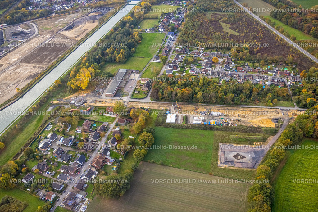 Bergkamen221013317 | Luftbild, Baustelle am Königslandwehr, Wasserstadt Aden, Baugebiet für geplantes Stadtquartier auf dem Gelände der ehemaligen Zeche Haus Aden, Datteln-Hamm-Kanal, Heil, Bergkamen, Ruhrgebiet, Nordrhein-Westfalen, Deutschland