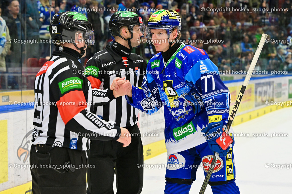 EC IDM Wärmepumpen VSV vs. Pioneers Vorarlberg | Piragic Trpimir Referee, #77 LINDNER Philipp EC VSV, Hronsky Tomas Referee, EC IDM Wärmepumpen VSV vs. Pioneers Vorarlberg, EC IDM Wärmepumpen VSV vs. Pioneers Vorarlberg am 14.12.2024 in Villach (Stadthalle Villach), Austria, (Photo by Bernd Stefan)
