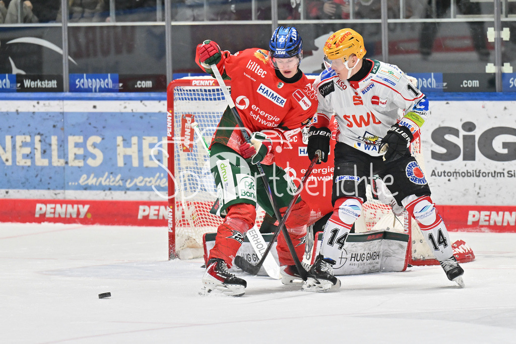 Augsburger Panther - Fischtown Bremerhaven | AUGSBURG, GERMANY - 25. JANUARY: im Duell vor Michael GARTEIG (Augsburger Panther 34 -  Sebastian ZWICKL (Augsburger Panther 83) und Ross MAUERMANN (Fischtown Pinguins 14)  während dem Match zwischen den Augsburger Panthern und den Fischtown Pinguins am 43. Spieltag der Penny DEL im Curt Frenzel Stadion
