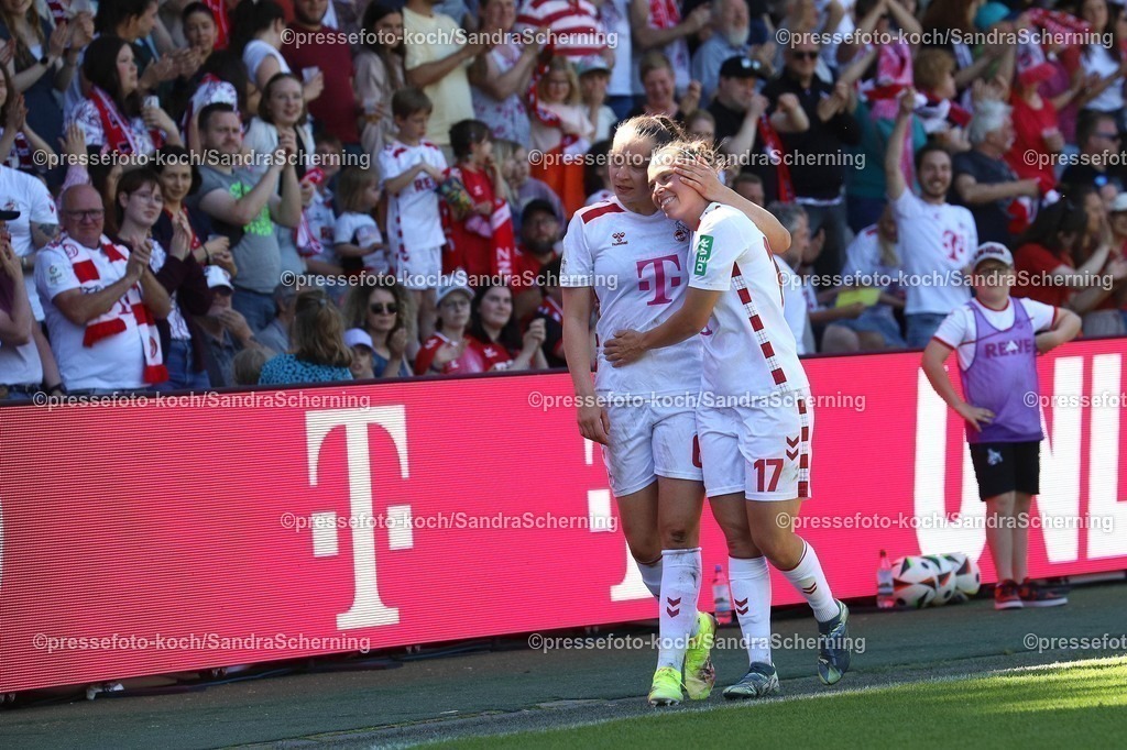 xSSC11052501014 | 11.05.2025, xsscx, Frauen Fußball, 1. FC Köln - Turbine Potsdam, 1. Fußball Bundesliga, 22. Spieltag, Franz-Kremer-Stadion, Saison 2024 2025: Nicole Billa (1. FC Köln 17) und Lotta Cordes (1. FC Köln 6) bei einer Ehrenrunde nach Ihrem letzten Spiel für den 1. FC Köln DFB regulations prohibit any use of photographs as image sequences and or quasi-video.