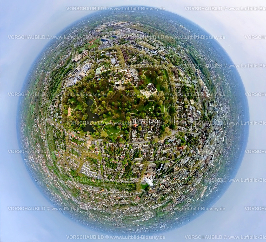 Bochum240490024Stadtgarten | Luftbild, Stadtpark und Tierpark Bochum mit grünen Bäumen und See, St. Josef-Hospital - Katholisches Klinikum Bochum am Stadtpark,  Erdkugel, Fisheye Aufnahme, Fischaugen Aufnahme, 360 Grad Aufnahme, tiny world, little planet, fisheye Bild, Grumme, Bochum, Ruhrgebiet, Nordrhein-Westfalen, Deutschland