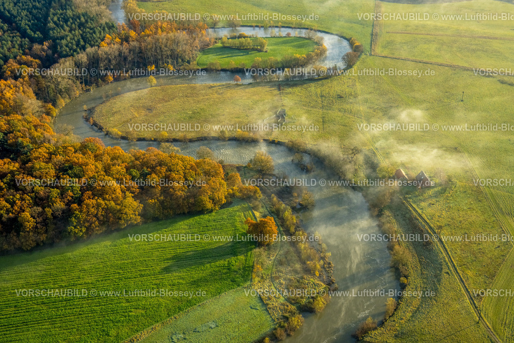 Datteln231104027 | Luftbild, Nebelschwaden über Fluss Lippe Flussmäander und Lippeaue, umgeben von herbstlichen Laubbäumen, Hötting, Datteln, Ruhrgebiet, Münsterland, Nordrhein-Westfalen, Deutschland