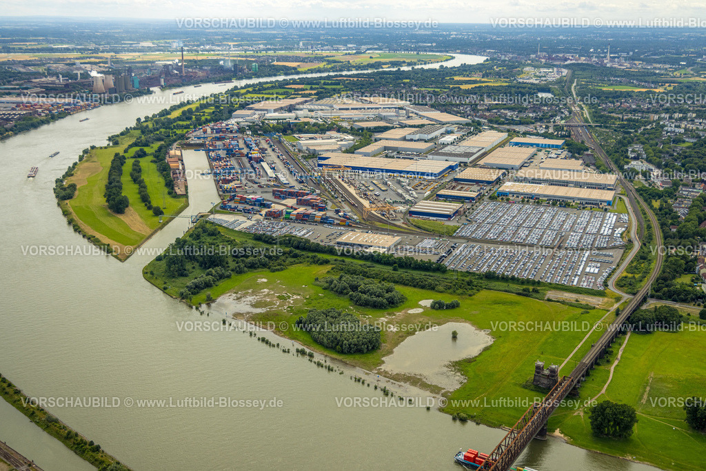 Duisburg240704018-West | Luftbild, Duisburg-West, logport I (Eins) Rheinhausen, duisport mit Automobil-Logistik am Fluss Rhein, Friemersheim, Duisburg, Ruhrgebiet, Nordrhein-Westfalen, Deutschland