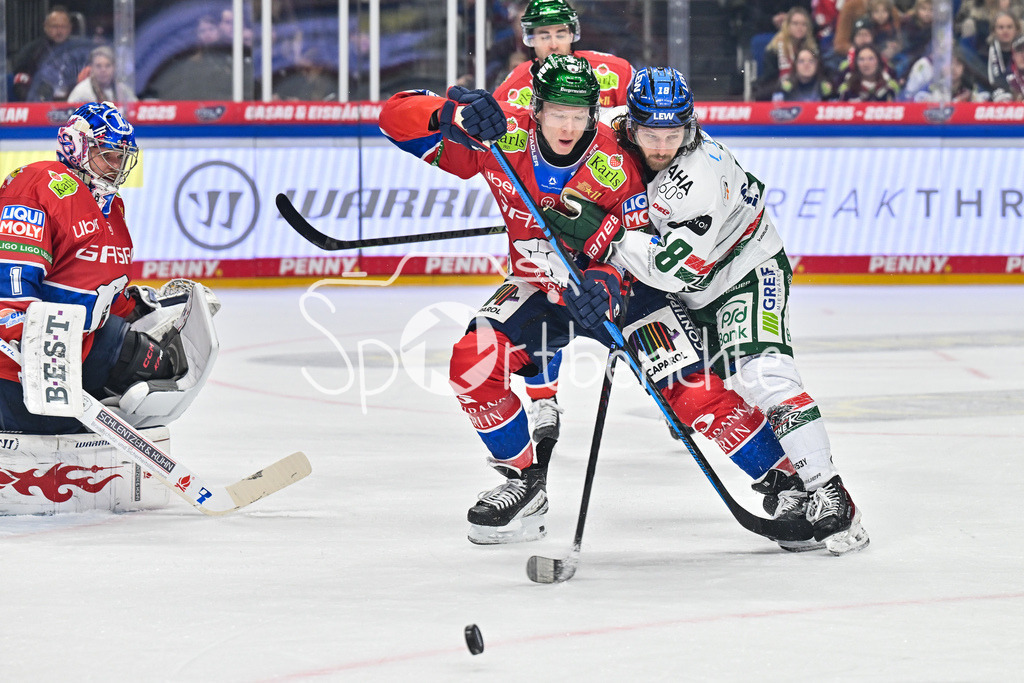 Eisbären Berlin - Augsburger Panther | BERLIN, GERMANY - 04. JANUARY: im Duell Jonas MÜLLER (Eisbären Berlin 18) und Anthony LOUIS (Augsburger Panther 18) während dem Match zwischen den Eisbären Berlin und den Augsburger Panthern am 36. Spieltag der Penny DEL in der UBER Arena