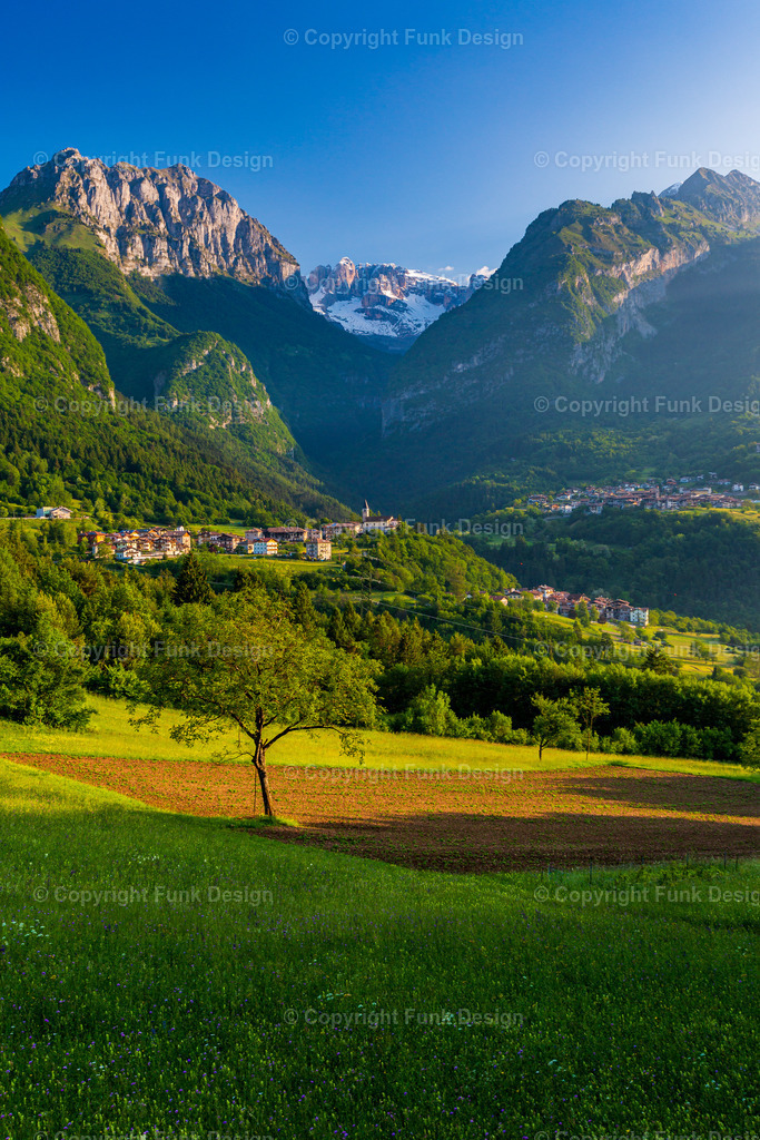 Villa Banale in den Dolomiten mit Blick auf grüne Wiesen und Schneegipfel | Landschaftsblick auf Villa Banale in Norditalien, eingebettet in ein sonniges Alpental mit saftigen Wiesen und verstreuten Häusern. Im Hintergrund ragen die markanten Dolomiten mit schroffen Felswänden und schneebedeckten Gipfeln in den klaren Himmel.
