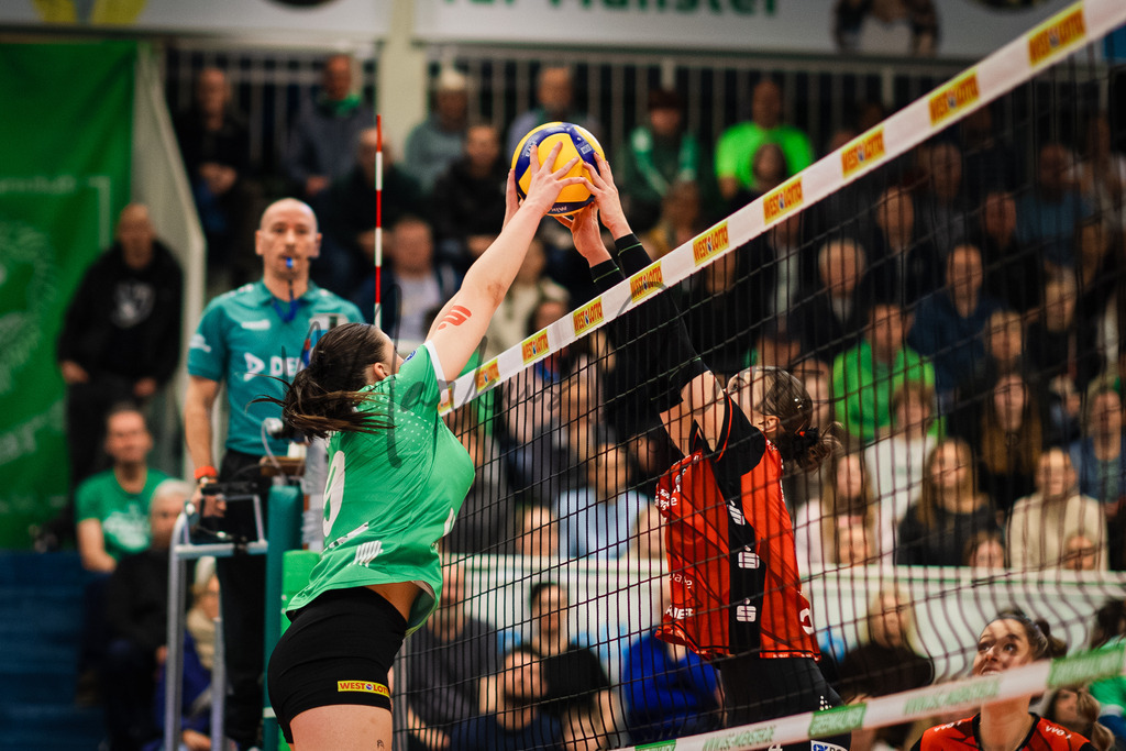 Volleyball, 1. Bundesliga Frauen, Hauptrunde, 8. Spieltag, Saison 2025/2026: USC Münster - Dresdner SC | 1. Bundesliga Frauen, Hauptrunde, 8. Spieltag, Saison 2025/2026, USC Münster empfängt Dresdner SC in der Sporthalle Berg Fidel in Münster. Foto: sportfotografie.ms | Markus Paletta - Realisiert mit Pictrs.com