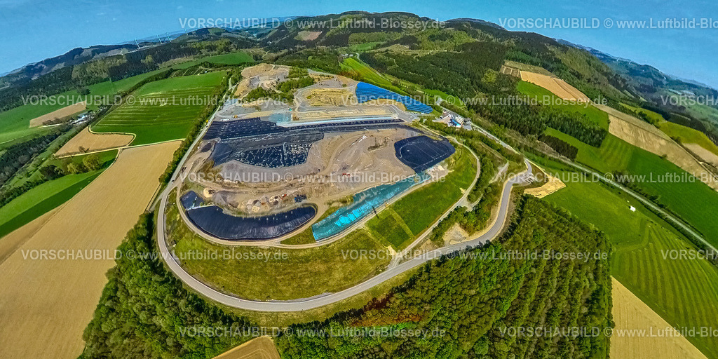 Meschede240590293Abfallentsorgung_DeponieFrielinghausen | Luftbild, Abfallentsorgung Deponie Frielinghausen, Abfallentsorgungsbetrieb des Hochsauerlandkreises, Erdkugel, Fisheye Aufnahme, Fischaugen Aufnahme, 360 Grad Aufnahme, tiny world, little planet, fisheye Bild, Drasenbeck, Meschede, Sauerland, Nordrhein-Westfalen, Deutschland