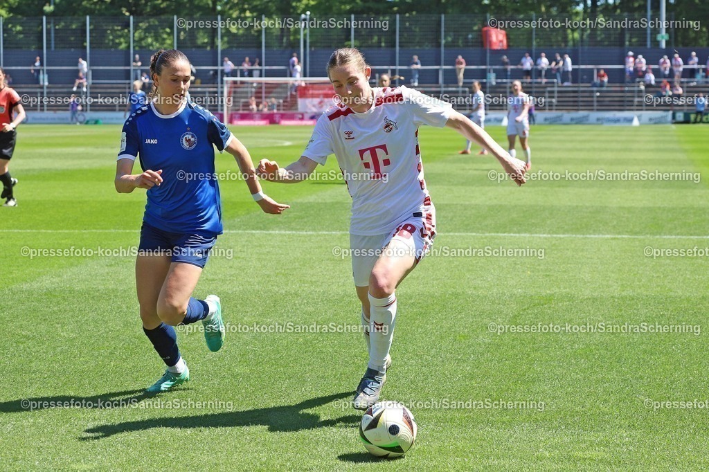 xSSC11052502039 | 11.05.2025, xsscx, Frauen Fußball, 1. FC Köln - Turbine Potsdam, 1. Fußball Bundesliga, 22. Spieltag, Franz-Kremer-Stadion, Saison 2024 2025: Mia Schmid (Turbine Potsdam 6) im Zweikampf mit Taylor Marie Ziemer (1. FC Köln 18) DFB regulations prohibit any use of photographs as image sequences and or quasi-video.