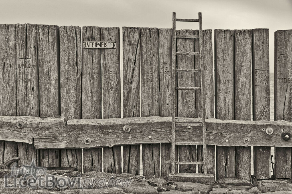 Hafenmeister | Auch das ist Hamburg-Mitte: Eine Bohlenwand am Hafen in Neuwerk. Ob der Hafenmeister über die Leiter verschwunden ist, werden wir wohl nie erfahren... - Realisiert mit Pictrs.com