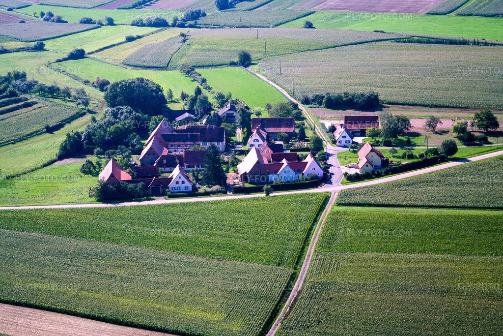 Aerial view: SeebachFrohnackerhof in Seebach in the state Bas-Rhin, France.Photo: IMG_3536.jpg taken on 08/31/2006 by Werner Riehm/FLY-FOTO.comResolution of the original: 3456 x 2304 px