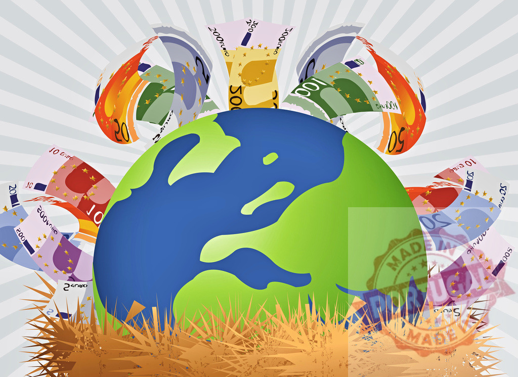 Euro banknotes revolving around planet earth representing global finance | Euro banknotes revolving around planet earth in a nest of hay representing global finance and investment - Realisiert mit Pictrs.com