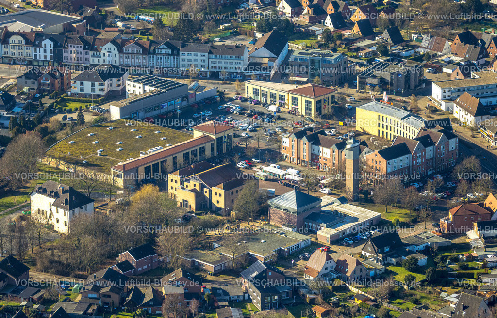 Selm230205499 | Luftbild, City, Bürgerhaus und Volkshochschule, Ev. Kirche am Markt, Edeka Supermarkt, Willy-Brandt-Platz, Beifang, Selm, Münsterland, Nordrhein-Westfalen, Deutschland