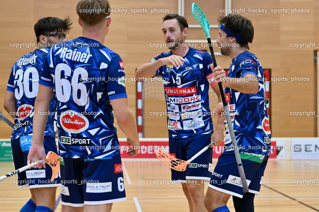 VSV Unihockey vs. Dunai Krokodilok 9.9.2023 | #30 Christoph Steiner, #66 Jakob Rainer, #5 Michael Kanduth, #14 Michael Klemm, Jubel VSV Unihockey Mannschaft