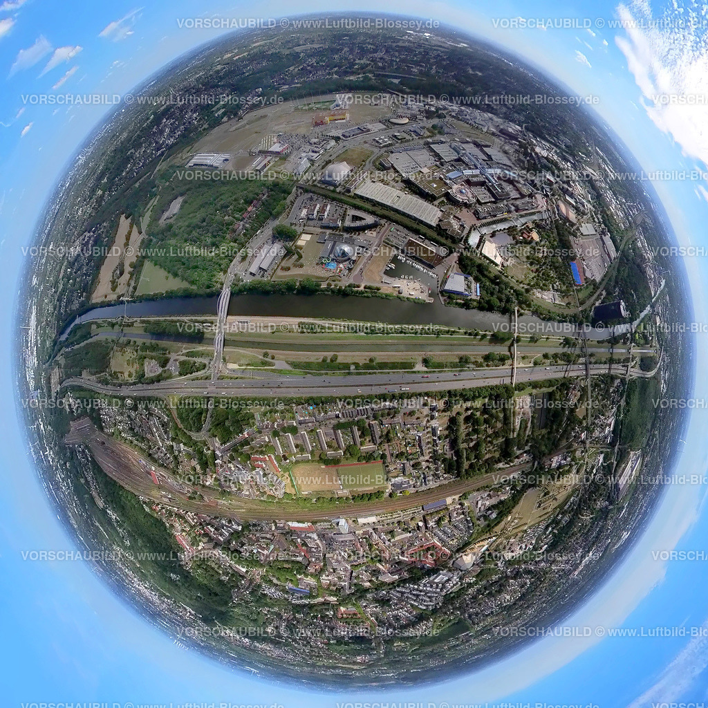 Oberhausen20220803_2NeueMitte | Luftbild, Westfield Centro Oberhausen, Einkaufszentrum Neue Mitte, Rhein-Herne-Kanal und Autobahn A42, Fisheye Aufnahme, Fischaugen Aufnahme, 360 Grad Aufnahme, Borbeck, Oberhausen, Ruhrgebiet, Nordrhein-Westfalen, Deutschland