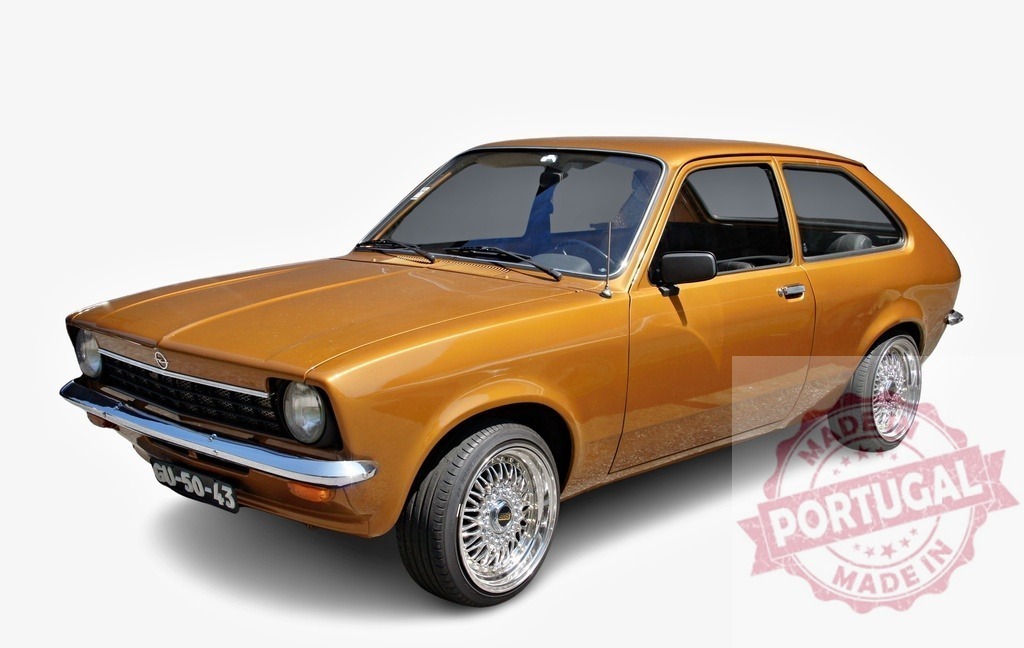 Restored Opel Kadett C Coupe shining in golden paint | Classic Opel Kadett C Coupe boasting a fresh golden paint job and chrome rims, parked against a white background - Realisiert mit Pictrs.com