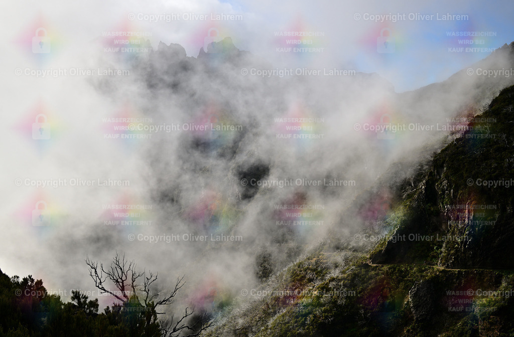 Die Wolken Berge | Die Berge Madeiras verstecken sich teilweise hinter Nebel und Wolken. Man sieht unten rechts den Weg, der zum Pico Ariero führt.