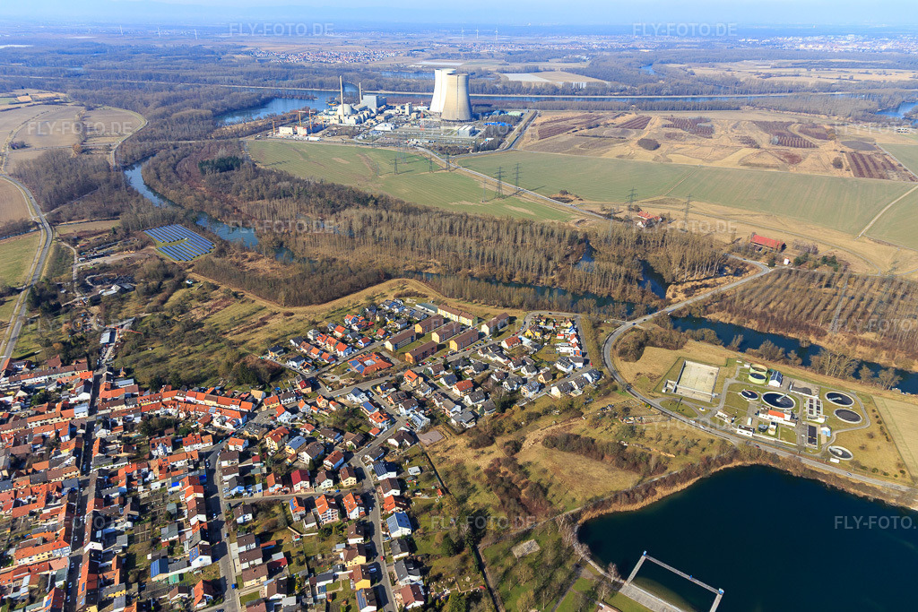 Luftbild: AKW EnBW Kernkraft GmbH (EnKK), Philippsburg hinterm Phillipsburger Altrhein aus Osten und Freyersee im Winter ohne Schnee in Philippsburg im Bundesland Baden-Württemberg in Deutschland. Foto: IMG_097147.jpg vom 25.02.2017 durch Werner Riehm/FLY-FOTO.deWWW.ENBW.COM