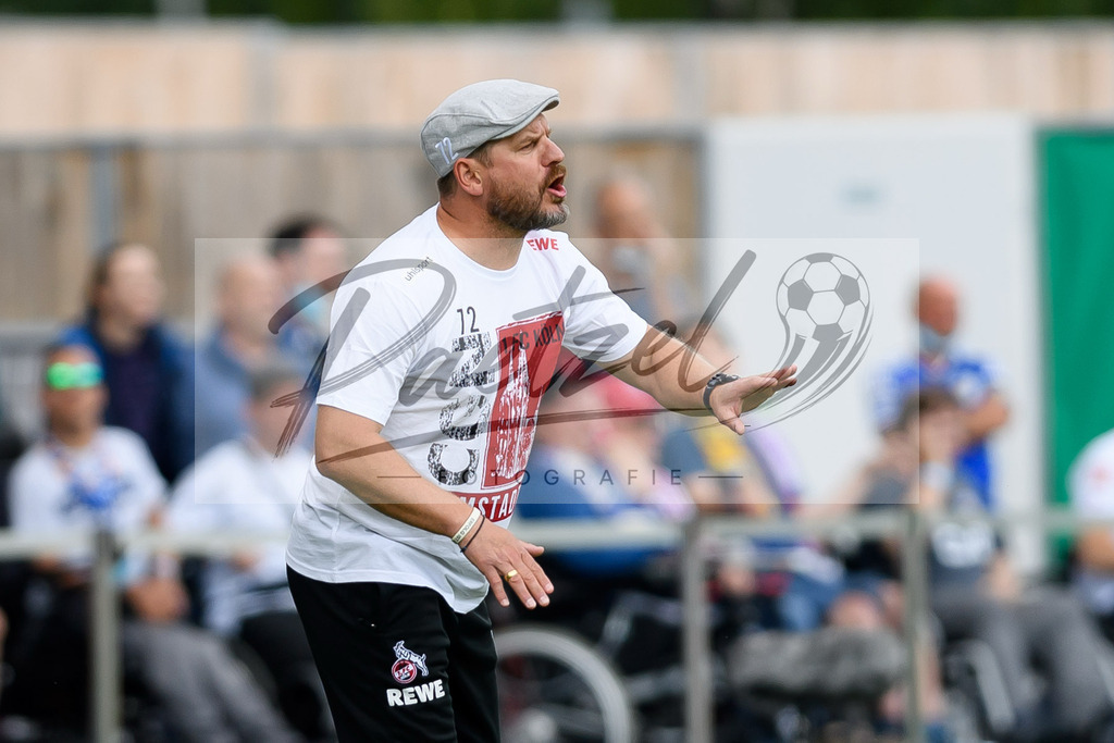 JENKOE20210808_124 | Fussball, Herren: Trainer Steffen Baumgart (1. FC Koeln) gestikuliert beim Spiel der 1. Runde im DFB-Pokal zwischen FC Carl Zeiss Jena und 1. FC Koeln im Ernst-Abbe-Sportfeld am 08.08.2021 in Jena, Deutschland.DFB / DFL REGULATIONS PROHIBIT ANY USE OF PHOTOGRAPHS AS IMAGE SEQUENCES AND/OR QUASI-VIDEO. - Realisiert mit Pictrs.com