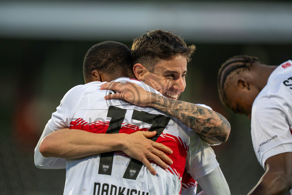 VfB Stuttgart II vs. SSV Ulm 1846 Fussball, Fussball, 3. Liga, 32. Spieltag, 08.04.2026 | Nicolas Sessa (VfB Stuttgart II, #10) jubelt nach seinem Treffer zum 1:0 mit Abdenego Nankishi (VfB Stuttgart II, #17),VfB Stuttgart II vs. SSV Ulm 1846 Fussball, Fussball, 3. Liga, 32. Spieltag, 08.04.2026DFB regulations prohibit any use of photographs as image sequences and/or quasi-video