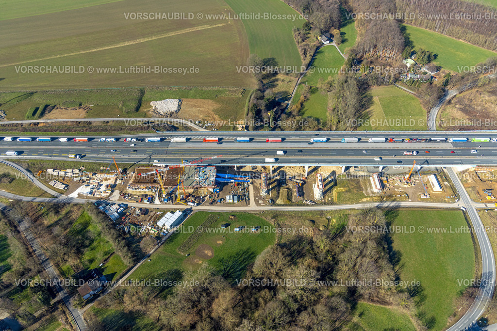 Unna230213469 | Luftbild, Baustelle mit Ersatzneubau Liedbachtalbrücke der Autobahn A1 nahe dem Kreuz Dortmund/Unna, LKW Stau, Massen, Unna, Ruhrgebiet, Nordrhein-Westfalen, Deutschland