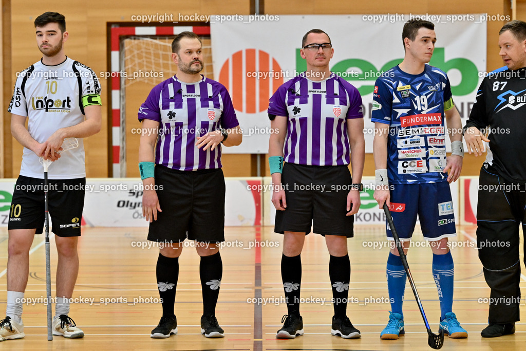 FBK Loka vs. VSV Unihockey | #10 Luka Peklaj FBK Loka, Igor Ivanchenko Referee, Artem Zolotar Referee, #19 Philipp Seiser VSV Unihockey, #87 Timmo Taurer VSV Unihockey, FBK Loka vs. VSV Unihockey, FBK Loka vs. VSV Unihockey am 23.03.2025 in Villach (Ballspielhalle St. Martin), Austria, (Photo by Bernd Stefan)