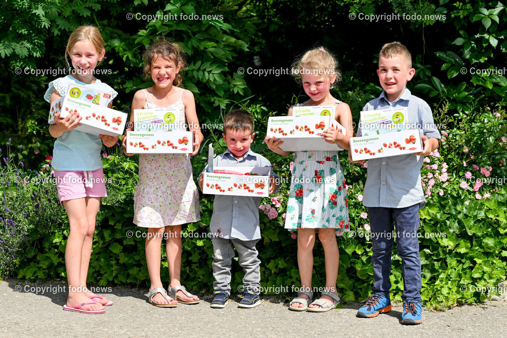 Erdbeeren_ Himbeeren_ Ribisel_ Mayer_ 20.06.2023-42 | 20.06.2023, Raffelding, AUT, Erdbeeren, Himbeeren, Ribisel, Mayer, im Bild Leonora, Franziska, Valerian, Adele und Maximilian mit Erdbeer, Himbeer, Ribisel Kinderbox