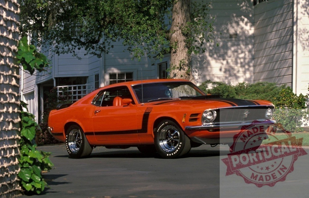 Ford Mustang Boss 302 vintage American muscle car | Orange Ford Mustang Boss 302 automobile parked on a driveway in front of a house - Realisiert mit Pictrs.com