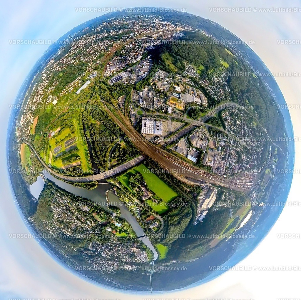 Hagen230990056 Vorhalle | Luftbild, Bahnhof Hagen-Vorhalle Gleisanlagen Rangierbahnhof, Decathlon Sportgeschäft, Erdkugel, Fisheye Aufnahme, Fischaugen Aufnahme, 360 Grad Aufnahme, tiny world, Vorhalle, Hagen, Ruhrgebiet, Nordrhein-Westfalen, Deutschland