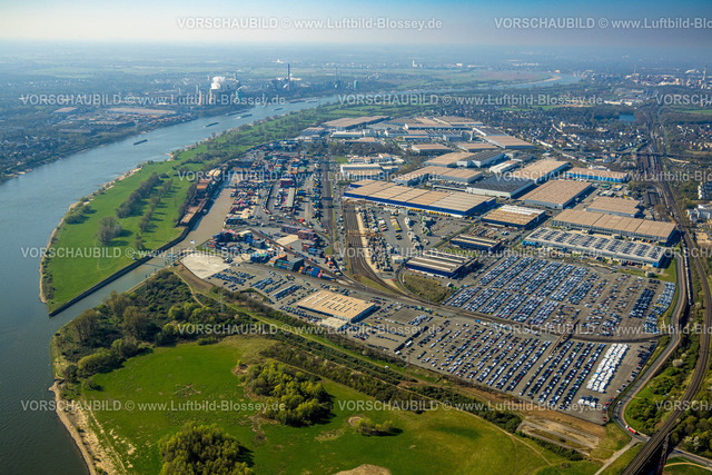 Duisburg250401930LogPort1Rheinhausen | Luftbild, duisport Hafen, logport I Rheinhausen, logport 1,  Containerhafen, Duisburg Hafen D3T Duisburg Trimodal Terminal, AutomobilLogistik, Fluss Rhein und Fernsicht, Friemersheim, Duisburg, Ruhrgebiet, Nordrhein-Westfalen, Deutschland