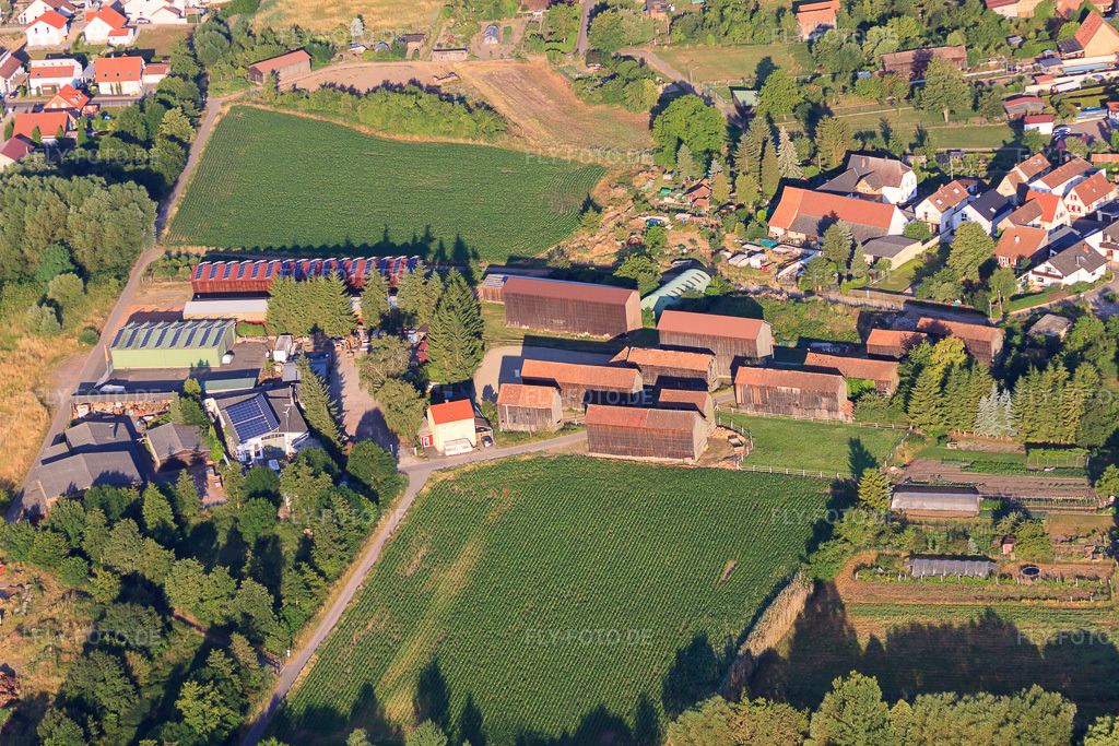 Luftbild: Historrische Tubakschöpf (Schuppen zum Trocknen von Tabak) an der Bruchgasse in Herxheim bei Landau im Bundesland Rheinland-Pfalz in Deutschland. Foto: IMG_67928.jpg vom 14.06.2014 durch Werner Riehm/FLY-FOTO.de