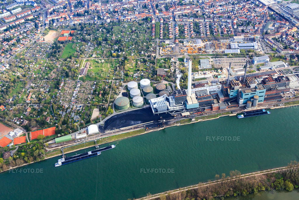 Luftbild: Kleingartenanlage Aufeldweg hinterm GKM am Rheinufer im Ortsteil Neckarau in Mannheim im Bundesland Baden-Württemberg in Deutschland. Foto: IMG_076948.jpg vom 12.04.2015 durch Werner Riehm/FLY-FOTO.de