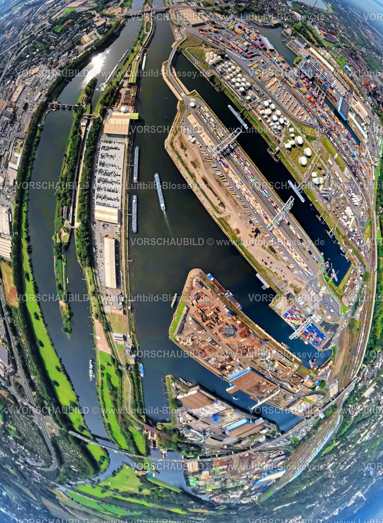 Duisburg250903955-2 | Luftbild, Hafen Duisburg-Ruhrort mit Ölinsel, Kohleninsel und Schrottinsel, Autobahn A59, Fluss Ruhr und Rhein-Herne-Kanal, Erdkugel, Fisheye Aufnahme, Fischaugen Aufnahme, 360 Grad Aufnahme, tiny world, little planet, fisheye Bild, Ruhrort, Duisburg, Ruhrgebiet, Nordrhein-Westfalen, Deutschland
