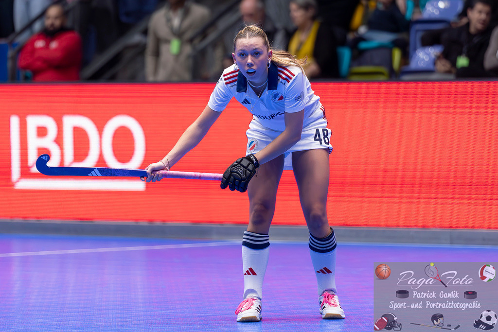 Volvo E.R.B. Final 4 Halbfinale Frauen: Mannheimer HC - Düsseldorfer HC, 25.01.2025 | Charlotte Hendrix (Mannheimer HC #48), Freisteller, Portrait, Porträt, Mannheimer HC - Düsseldorfer HC, Frankfurt, Süwag Arena, 25.1.2025 - Realisiert mit Pictrs.com