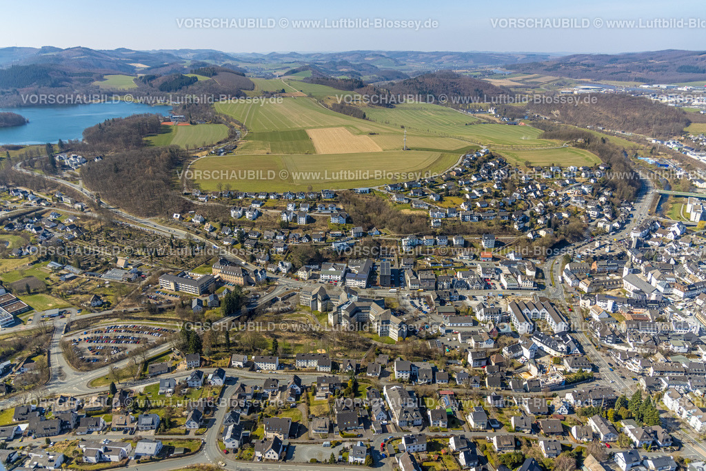 Meschede220302498 | Luftbild, Ortsansicht Meschede-Süd und Hennetalsperre, Meschede-Stadt, Meschede, Sauerland, Nordrhein-Westfalen, Deutschland