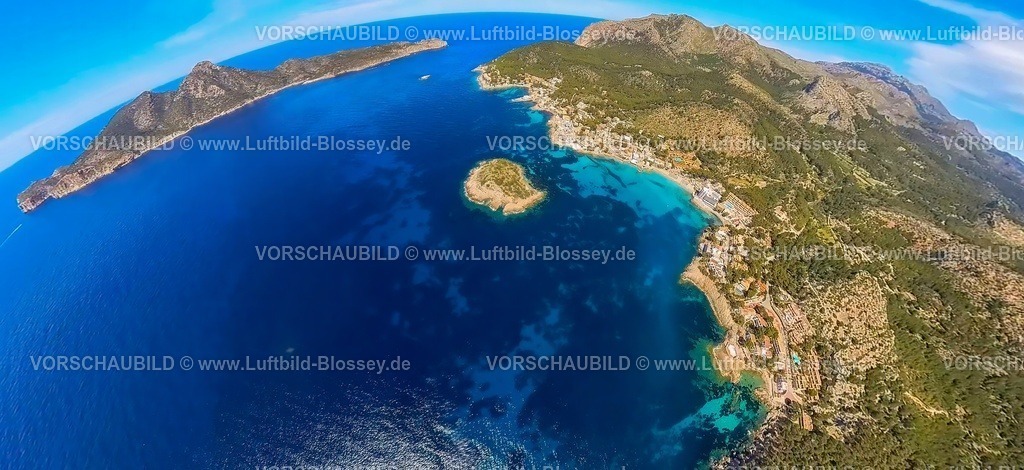 Mallorca230400048Insta004SantElm | Luftbild, Isla Dragonera, Dracheninsel, Erdkugel, Fisheye Aufnahme, Fischaugen Aufnahme, 360 Grad Aufnahme, Sant Elm, Andratx, Balearen, Mallorca, Balearische Inseln, Spanien