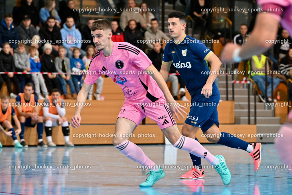 Carinthia Flamengo Futsal Club vs. Futsal Klagenfurt | #2 Faris Buljubasic Carinthia Flamengo, #15 Vahid Muharemovic Futsal Klagenfurt, Carinthia Flamengo Futsal Club vs. Futsal Klagenfurt, Carinthia Flamengo Futsal Club vs. Futsal Klagenfurt am 01.12.2024 in Klagenfurt (Ballspielhalle Viktring), Austria, (Photo by Bernd Stefan)