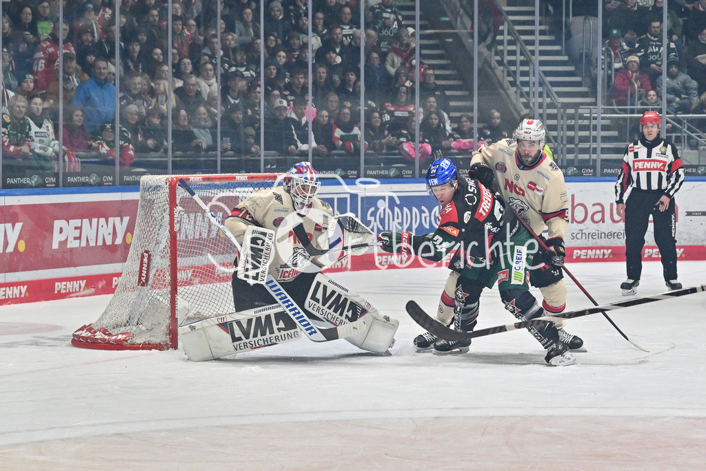 Augsburger Panther - Nürnberg Ice Tigers | v. l. Leon HUNGERECKER (Nürnberg Ice Tigers #72), T. J. TREVELYAN (Augsburger Panther #24) und Justus BOETTNER (Nürnberg Ice Tigers #9) / Zweikampf / duell / DEL: Augsburger Panther - Nuernberg Ice Tigers, Curt Frenzel Stadion am 03.01.2025