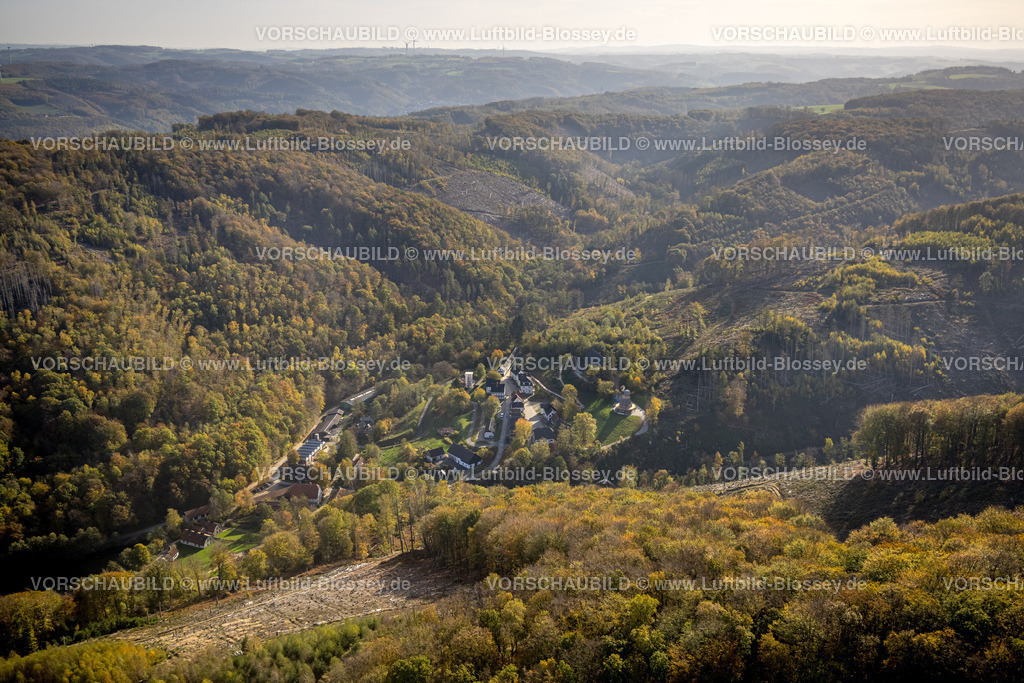 Hagen221015589 | Luftbild, LWL-Freilichtmuseum Hagen, neue Windmühle, Waldgebiet Herbstwald, Waldschäden, Eilpe, Hagen, Ruhrgebiet, Nordrhein-Westfalen, Deutschland