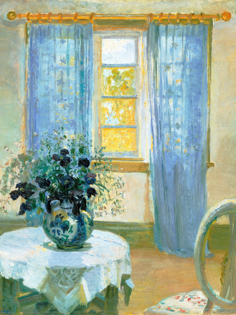 Anna Ancher - Interieur mit Clematis | Moderne Wandbilder auf Leinwand, Acylglas, Alu-Dibond oder als Poster. Tauchen Sie ein in die Welt KI-generierter Kunstwerke - entdecken Sie hochwertige Kunstdrucke unserer Gemälde, Illustrationen und fotorealistischen Motive.
