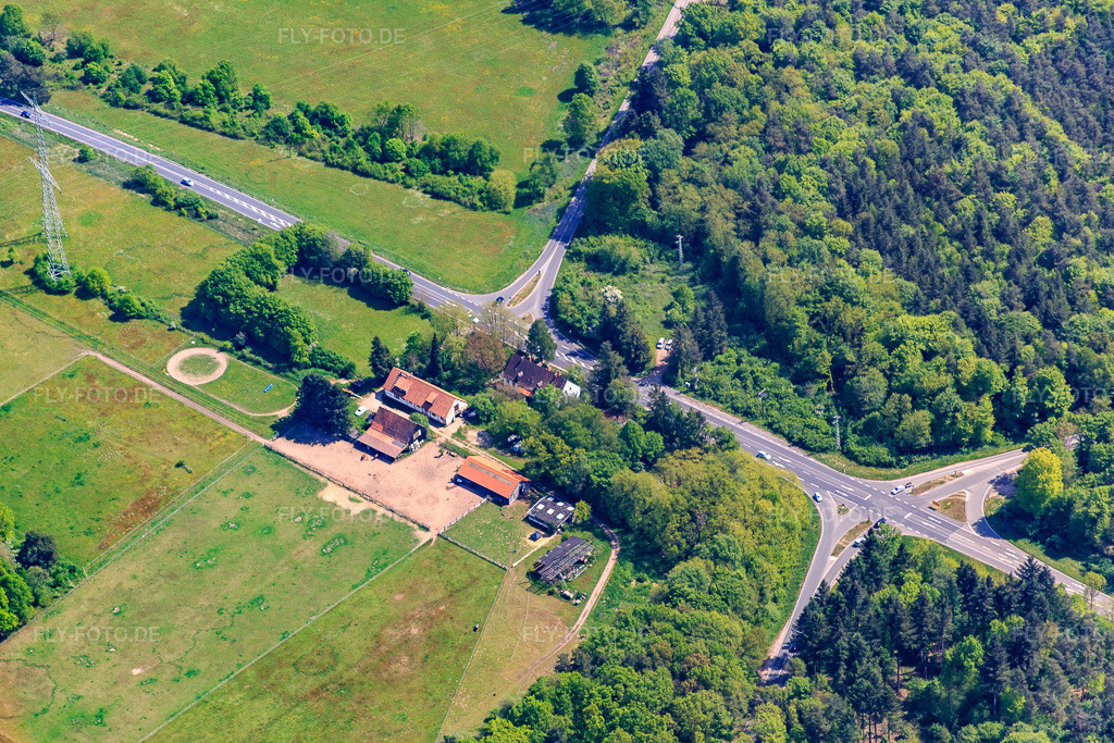Luftbild: Ehemaliges Forsthaus Langenberg im Bienwald in Wörth am Rhein im Bundesland Rheinland-Pfalz in Deutschland. Foto: IMG_078645.jpg vom 08.05.2015 durch Werner Riehm/FLY-FOTO.de
