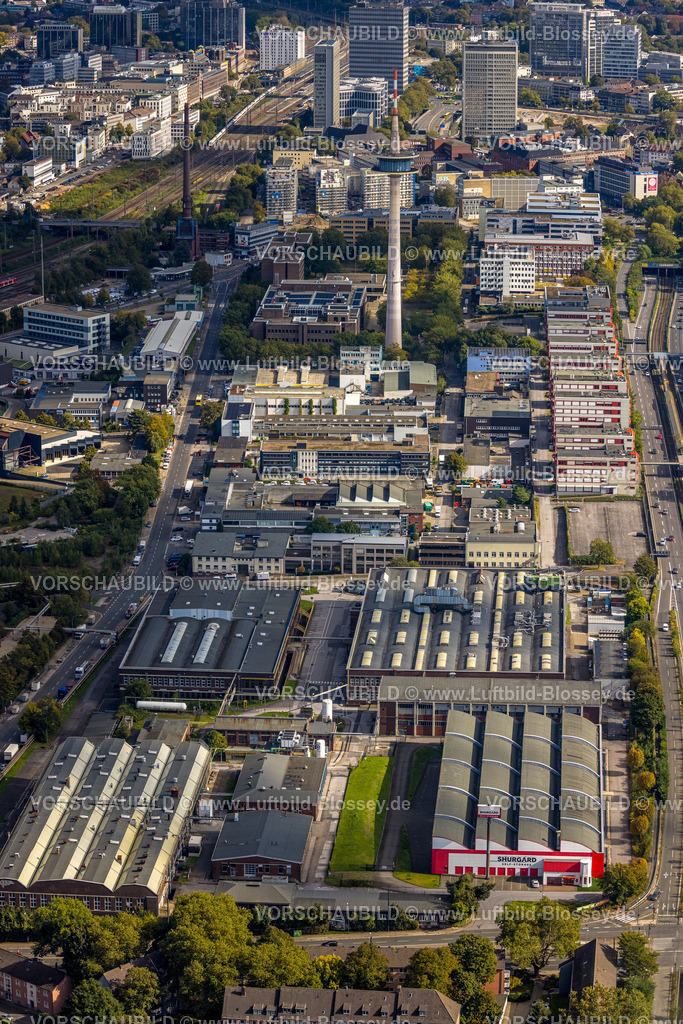 Essen241001332 | Luftbild, Gewerbegebiet an der Gewerbehofstraße mit Fernsehturm Essen Funkturm, ETEC Essener Technologie- und Entwicklungs-Centrum GmbH, Kruppstraße an der Autobahn A40,  Holsterhausen, Essen, Ruhrgebiet, Nordrhein-Westfalen, Deutschland