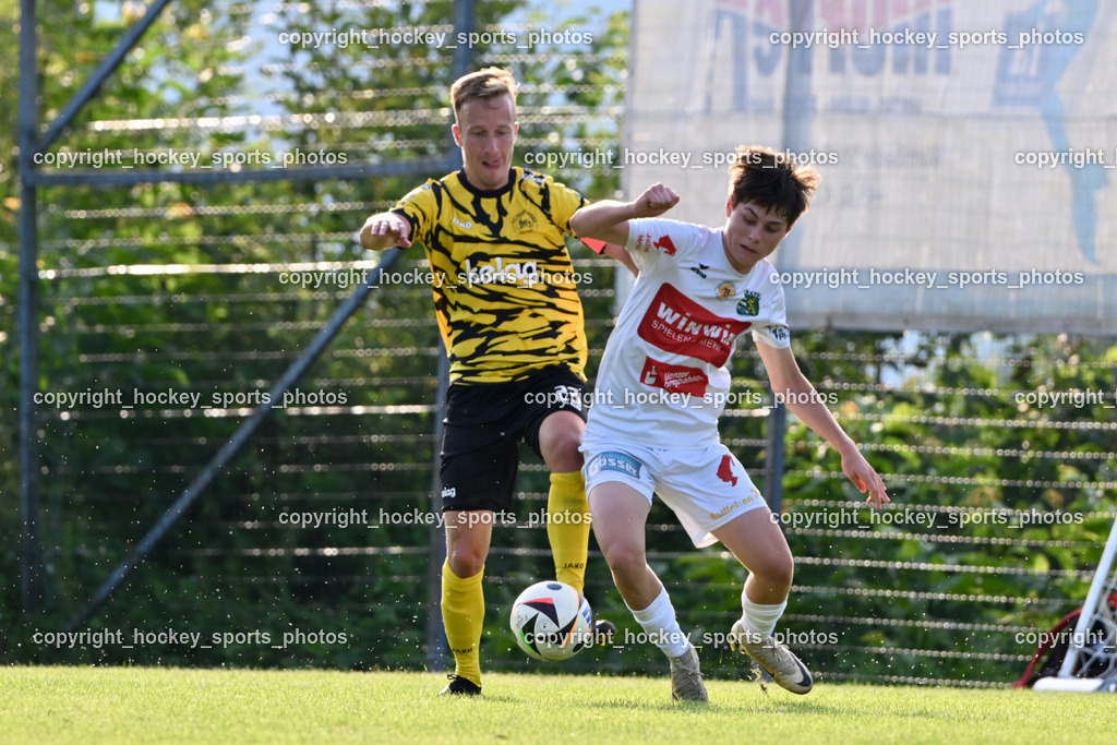 FC Faakersee vs. Rapid Lienz  | #23 Roman Adunka FC Faakersee, #13 Mario Ganeider Rapid Lienz, FC Faakersee vs. Rapid Lienz , FC Faakersee vs. Rapid Lienz  am 04.08.2024 in Faakersee (Sportplatz Faakersee), Austria, (Photo by Bernd Stefan)