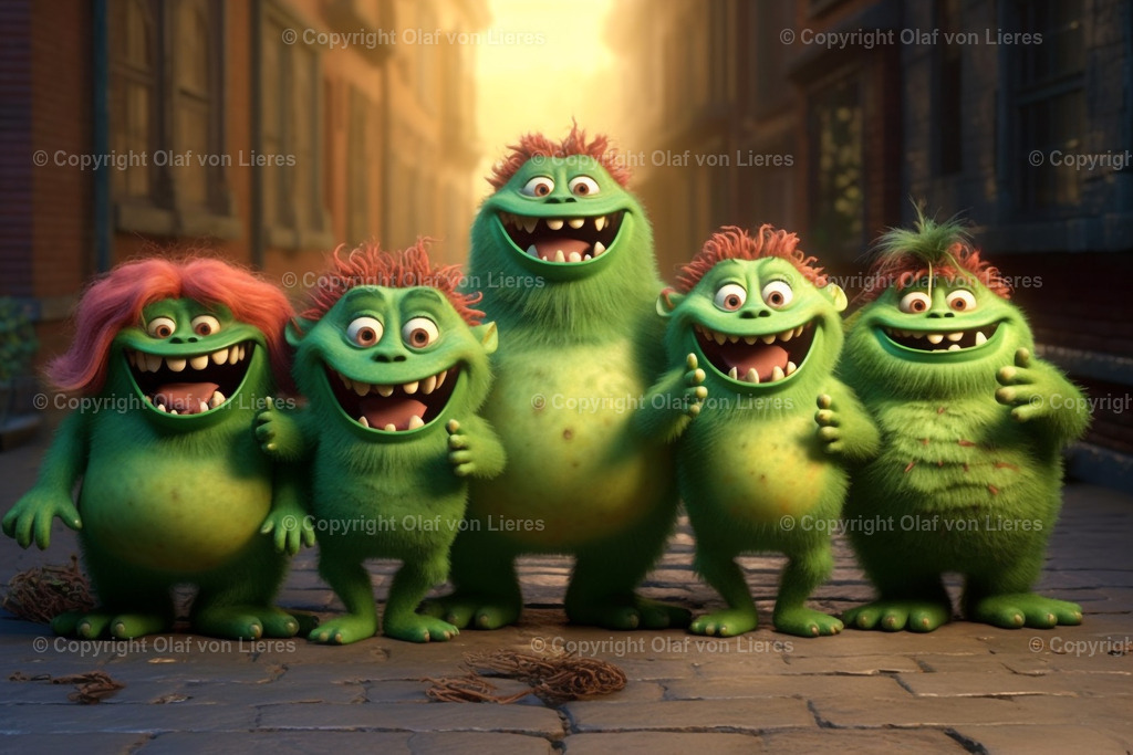 grüne Monster | viele grüne Monster grinsen in die Kamera