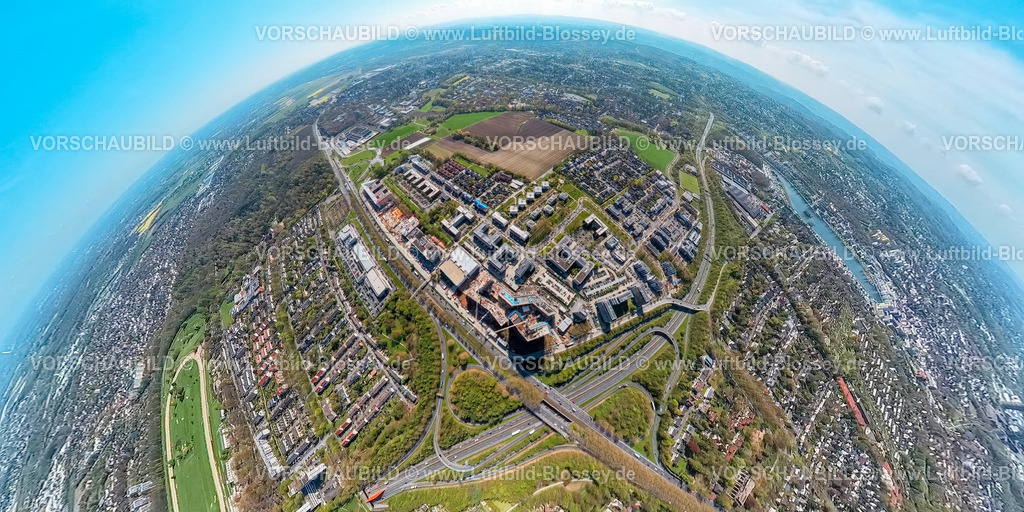 Dortmund230490039StadtkroneOst-topaz | Luftbild, Baustelle mit Neubau Gewerbeviertel an der Stadtkrone-Ost, Erdkugel, Fisheye Aufnahme, Fischaugen Aufnahme, 360 Grad Aufnahme, Schüren, Dortmund, Ruhrgebiet, Nordrhein-Westfalen, Deutschland