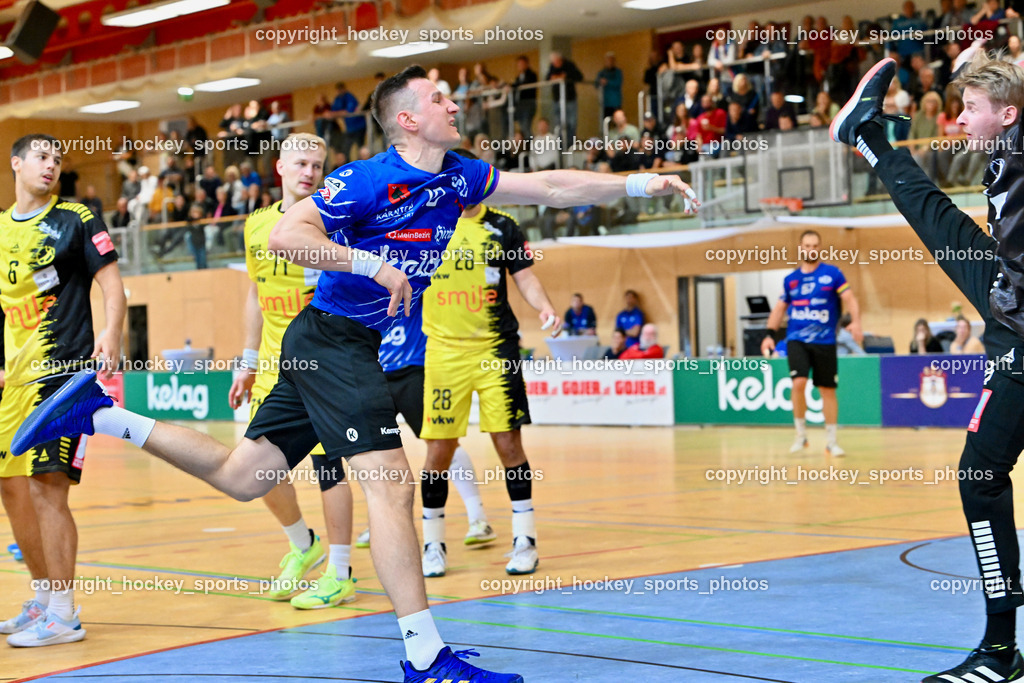 SC Ferlach vs. Bregenz Handball | #10 Perkusic Toni SC Ferlach, #16 HÄUSLE Ralf Patrick Bregenz Handball, SC Ferlach vs. Bregenz Handball, SC Ferlach vs. Bregenz Handball am 28.09.2024 in Ferlach (Ballspielhalle Ferlach), Austria, (Photo by Bernd Stefan)