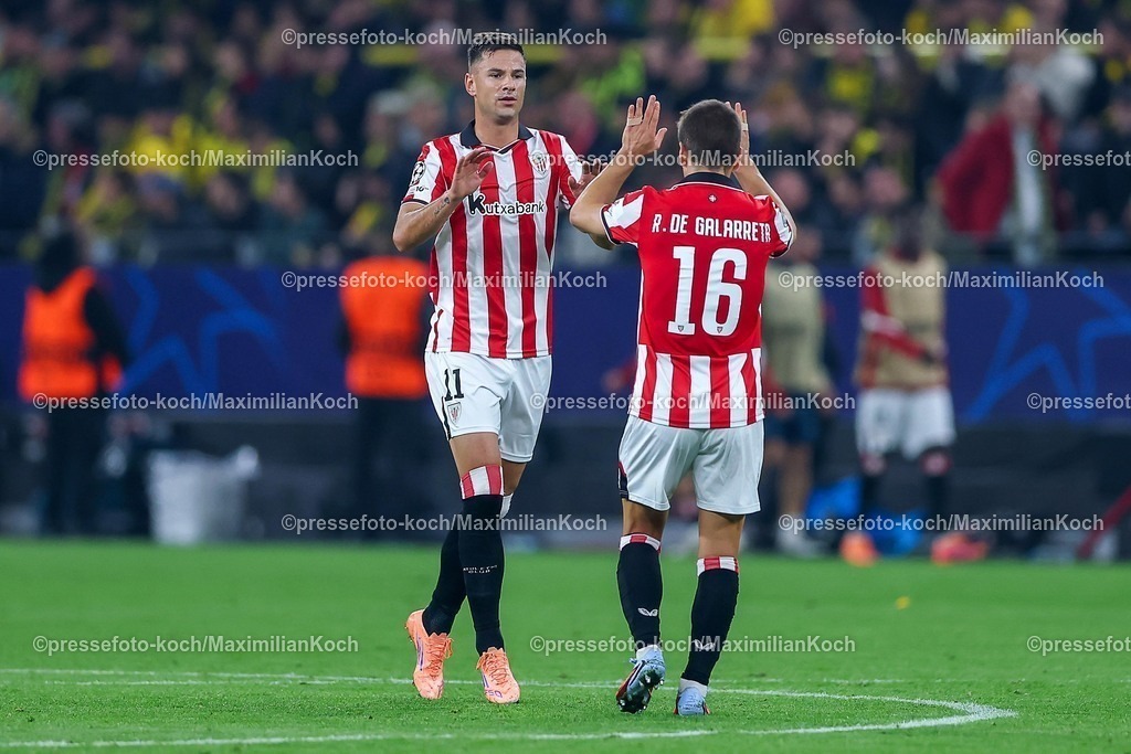 UCL01102501099 | 01.10.2025, Fußball, UEFA Champions League, Borussia Dortmund - Athletic Club Bilbao, BVB Stadion, 2. Spieltag, Saison 2025 2026: Torjubel nach dem Tor zum 1:2 durch Torschütze Gorka Guruzeta (Bilbao #11)  zusammen mit  Inigo Ruiz de Galarreta (Bilbao #16) Regulations prohibit any use of photographs as image sequences and or quasi-video.