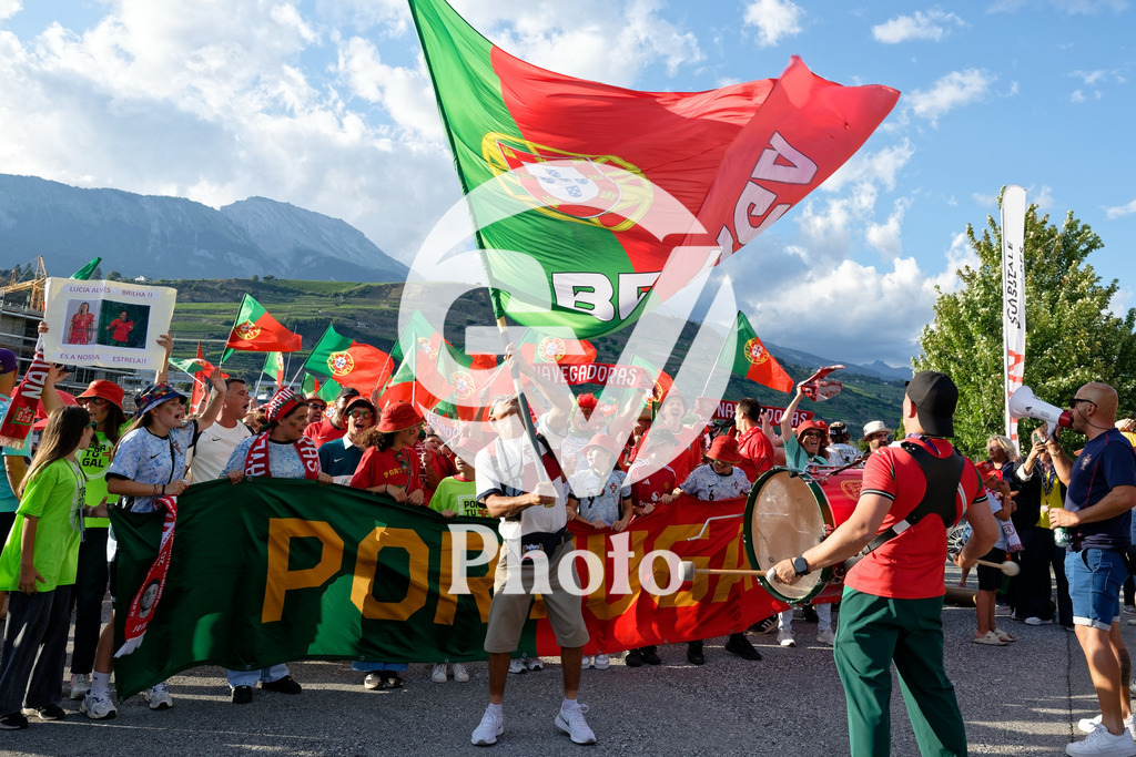 Portugal v Belgium: UEFA Women's EURO 2025 Group B | SION, SWITZERLAND - JULY 11: Fans of Portugal with flags and banner during the UEFA Women's EURO 2025 Group B match between Portugal and Belgium at Stade de Tourbillon on July 11, 2025 in Sion, Switzerland. (Photo by Giuseppe Velletri/Sports Press Photo/Getty Images)