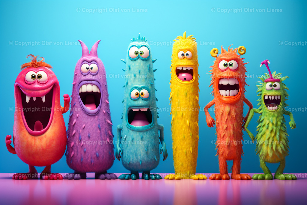 bunte Monster | viele lachende Monster in bunten Farben